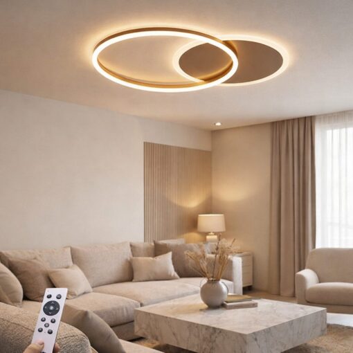 Plafonnier LED Rings DSC 37W 3CCT en métal, finition ocre, 2960 lumens, angle 110°. Un luminaire design idéal pour éclairer élégamment les espaces intérieurs.
