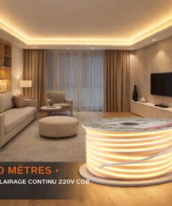 Ruban LED COB 220V 50 mètres éclairant un salon moderne avec lumière continue chaude, installation en corniche plafond pour ambiance design et homogène