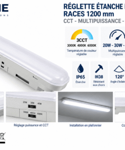 Réglette étanche LED LM1222 1200 mm 20-30-40W multipuissance 3CCT IP65 IK08