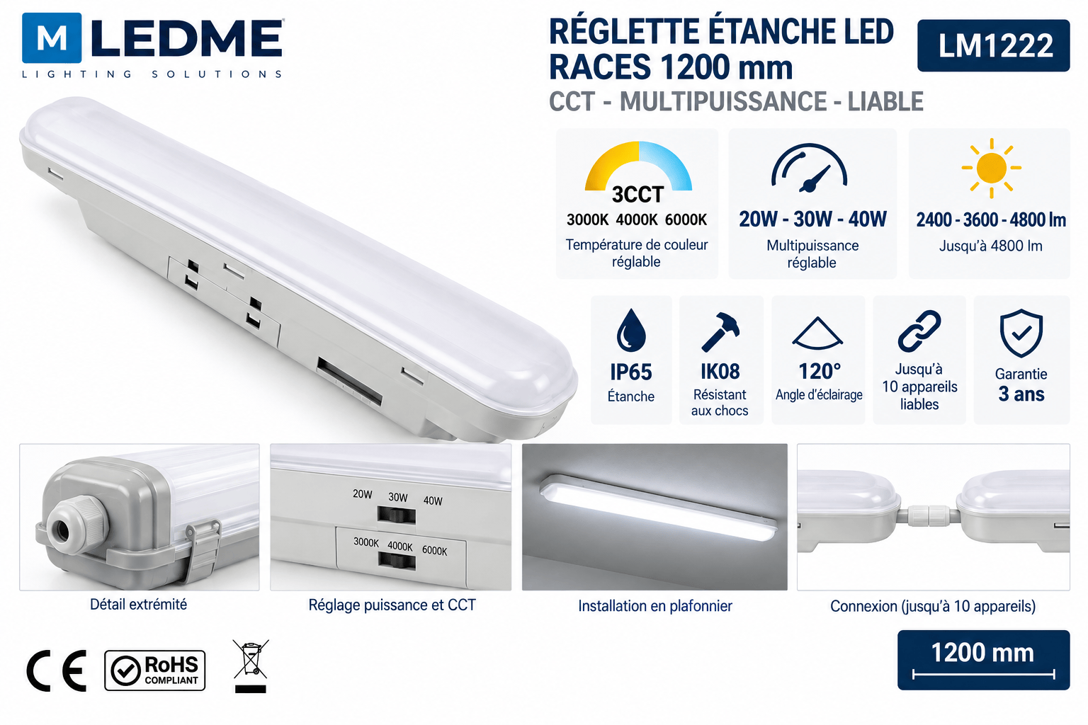Réglette étanche LED LM1222 1200 mm 20-30-40W multipuissance 3CCT IP65 IK08