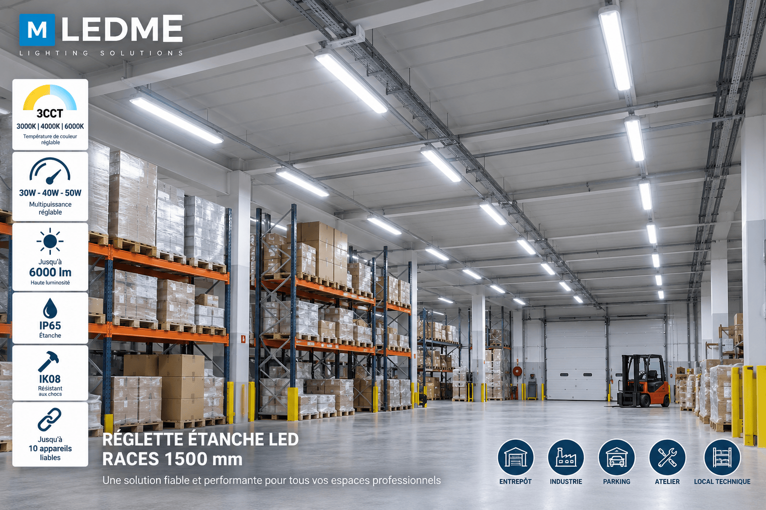 Réglette étanche LED LM1222 1200 mm 20-30-40W multipuissance 3CCT IP65 IK08