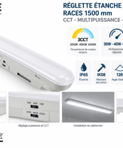 Réglette étanche LED LM1223 1500 mm 30-40-50W multipuissance 3CCT IP65 IK08