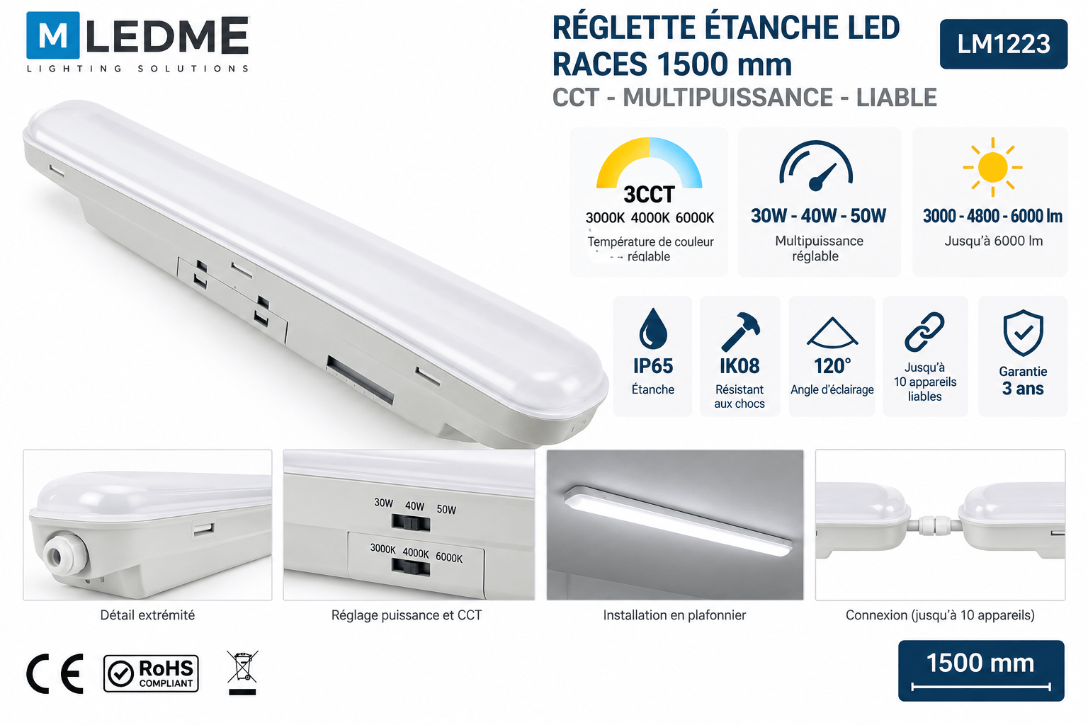 Réglette étanche LED LM1223 1500 mm 30-40-50W multipuissance 3CCT IP65 IK08